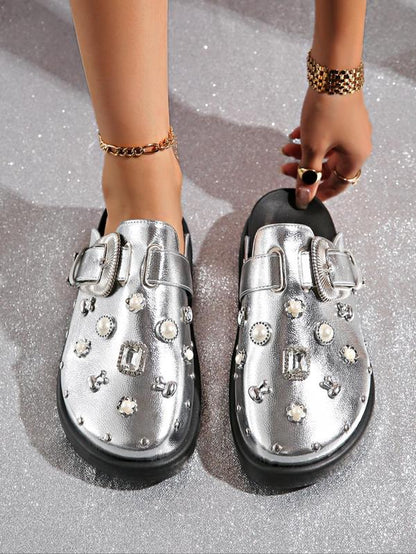 Women'S Fashion Rhinestone & Faux Pearl Decorated Slides, Casual Comfortable Platform Sandals for Beach, All-Match Rhinestone Accents Slide House Slippers for Daily Wear