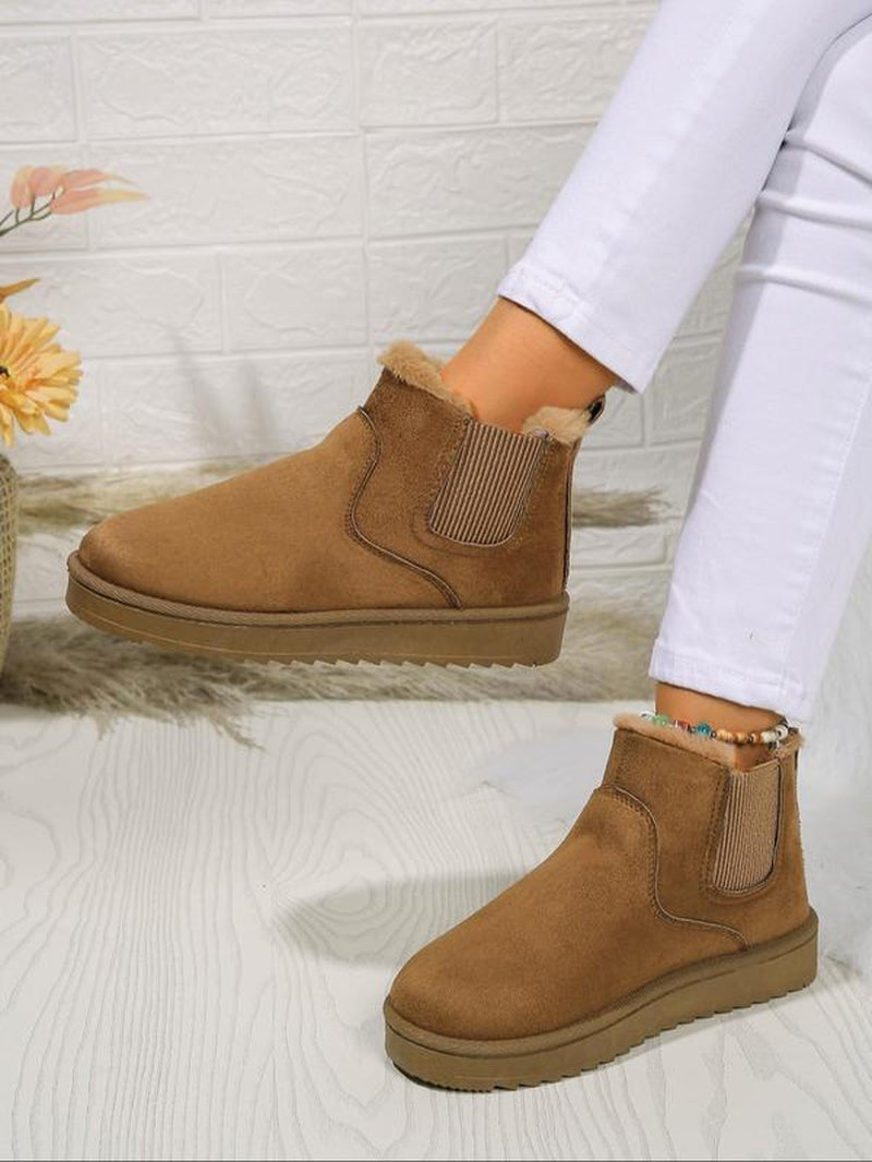 Women'S Fashionable Solid Color Slip on Snow Boots, Casual Comfortable Warm Flat Boots for Winter, Female All-Match round Toe Shoes for Daily Wear