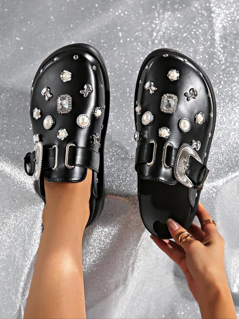 Women'S Fashion Rhinestone & Faux Pearl Decorated Slides, Casual Comfortable Platform Sandals for Beach, All-Match Rhinestone Accents Slide House Slippers for Daily Wear