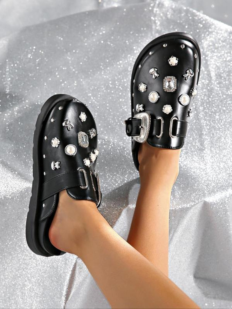 Women'S Fashion Rhinestone & Faux Pearl Decorated Slides, Casual Comfortable Platform Sandals for Beach, All-Match Rhinestone Accents Slide House Slippers for Daily Wear